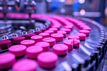 Obraz premium Pink tablets move along a conveyor belt in a pharmaceutical manufacturing facility during daytime operations