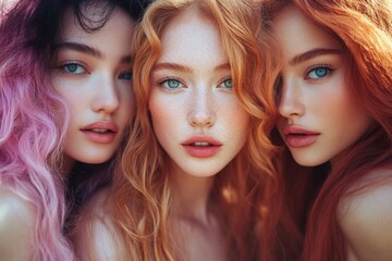 Obraz premium Three women with striking hair colors and captivating eyes pose together in a close-up shot