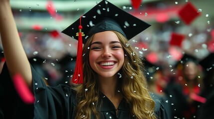 Joyful graduate celebrating with confetti, academic achievement milestone.
