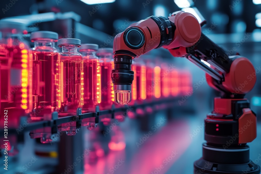 Aufkleber robotic arm operates in vibrant lab environment surrounded by illuminated vials at a cutting-edge re