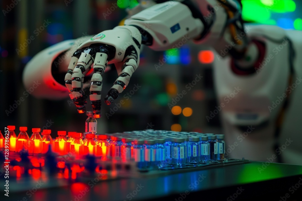Aufkleber robot arm organizing colorful vials in a high-tech laboratory during nighttime operations