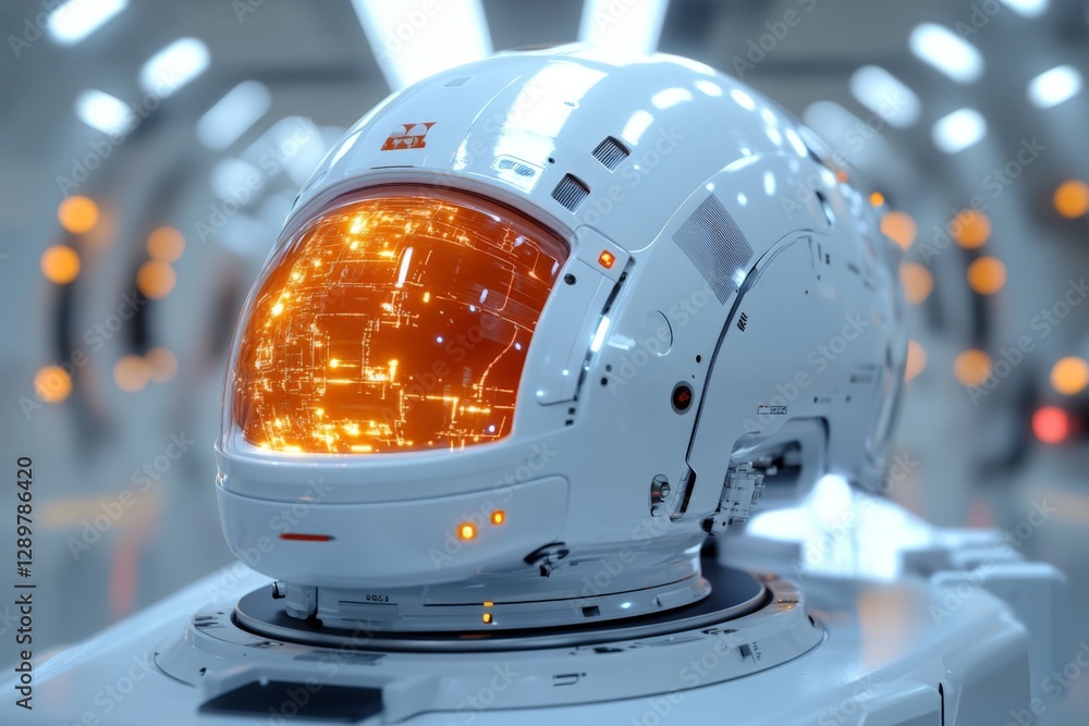 Aufkleber futuristic robotic helmet with illuminated interface displayed in a high-tech environment