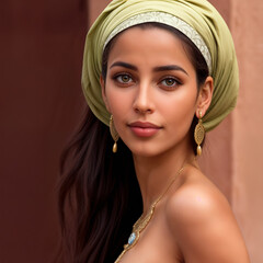 A woman with flawless skin wears a light green headscarf and striking red earrings. The background consists of a warm, neutral tone which complements her makeup and accessories.