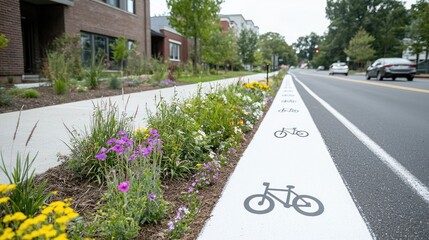 Urban bike lane with flowers, residential buildings in background. Potential use stock photo