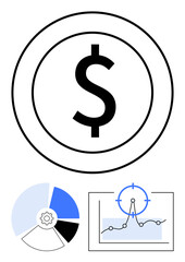 Dollar sign in circular frame, pie chart with split segments, and line graph with target icon. Ideal for finance, analytics, strategy, goals, investment, marketing abstract line flat metaphor