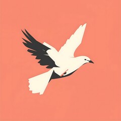 Minimalist vector illustration of a white and black bird in flight against a soft coral background, symbolizing freedom, peace, and elegance in a modern artistic style.