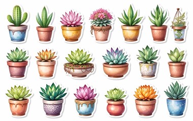 Obraz premium Plant stickers, houseplant succulents background image, leaf texture banner