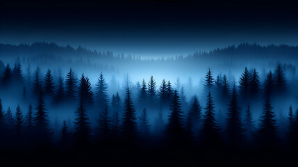 Dark Blue Misty Forest at Night