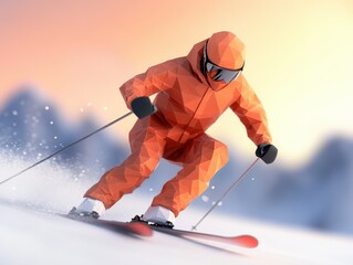 Obraz premium Low-poly skier carving down slope illustration