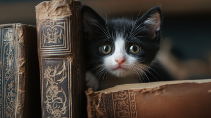 Adorable black and white kitten with large curious eyes looking directly at the camera

