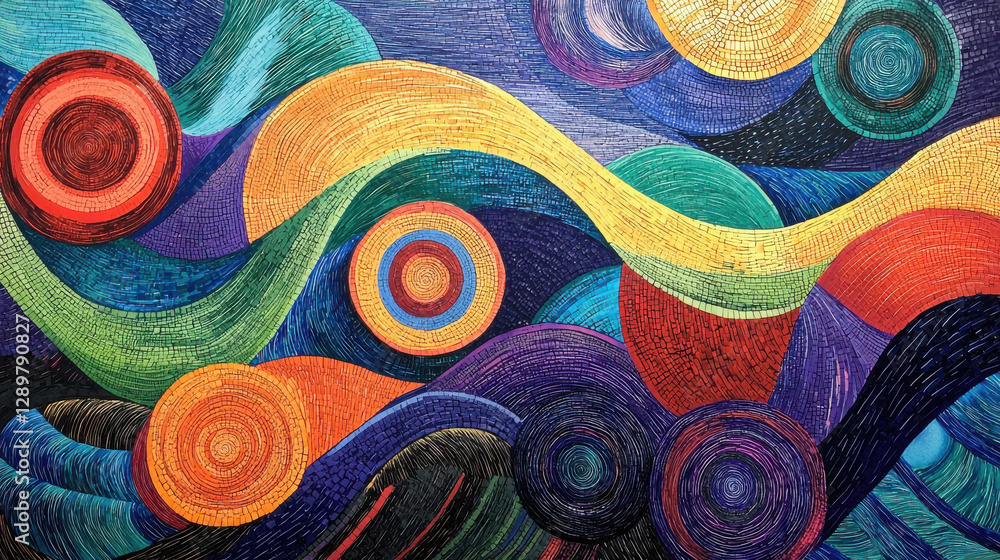 Poster vibrant wavy lines and colorful circles create uplifting abstract composition