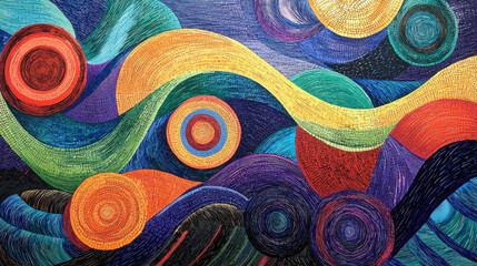 Vibrant wavy lines and colorful circles create uplifting abstract composition