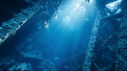 Obraz premium Sunlit Shipwreck: Underwater Exploration, blue abyss