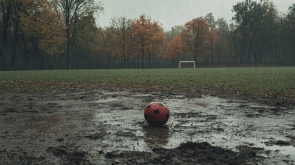 Rainy Soccer Field with Wet Ground and Red Ball Left Alone Amidst Falling Rain in Autumn Forest