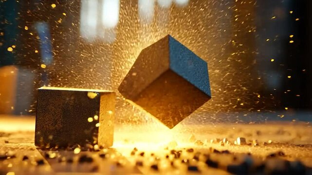Industrial Metal Cubes Collide with Sparks in Factory