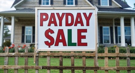 payday sale lettering on sign at fence with house background
