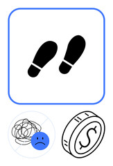 Footprints, sad face with tangled lines, and coin suggest steps toward overcoming money and mental struggles. Ideal for challenges, wellness, finance, decision-making, motivation, personal growth