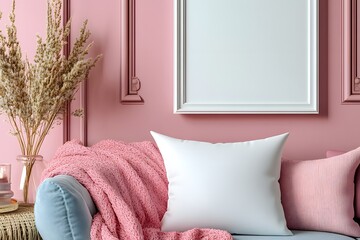 A pink living room with cozy details and blank wall space