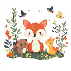 Naklejka premium Cute Animal Illustration with Fox and Friends in Nature Scene