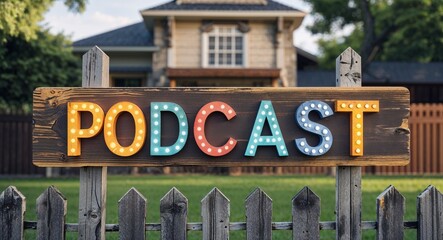 Obraz premium podcast lettering on sign at fence with house background