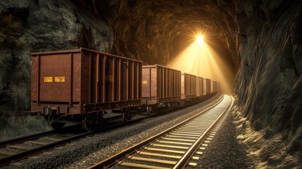 Fototapeta premium Train Carriages Inside a Dark Tunnel with Dramatic Lighting and Railroad Tracks Guiding the Way