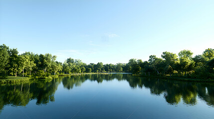 Fototapeta premium Serene Summer Lake Landscape with Lush Green Trees and Clear Blue Sky