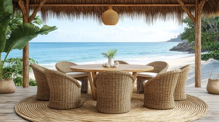 Beachfront Dining Hut with Wicker Furniture