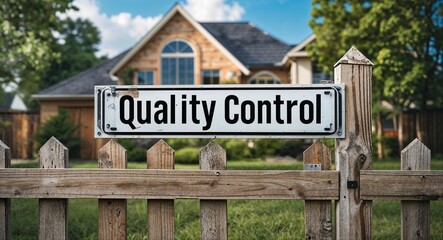 Obraz premium quality control lettering on sign at fence with house background
