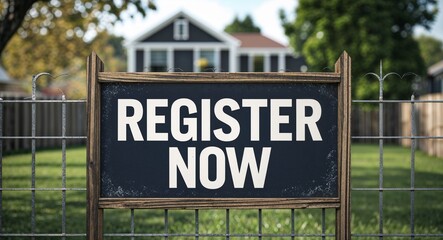 Fototapeta premium register now lettering on sign at fence with house background