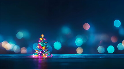 Miniature Christmas Tree with Colorful Lights on Dark Blue Background