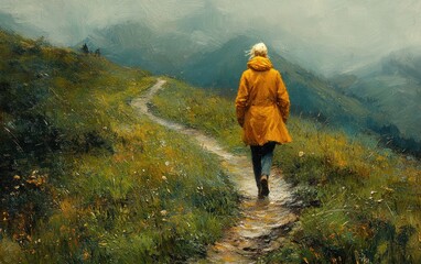 Obraz premium Hiker on Winding Path in Yellow Jacket at Sunset in Nature