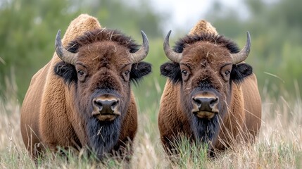 Two Bison Facing Forward in Grassy Field