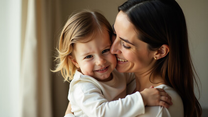 A heartwarming portrait of a mother and child embracing, with soft lighting and a focus on their genuine connection.