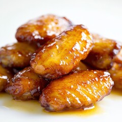 pile of sticky glazed chicken wings on white plate