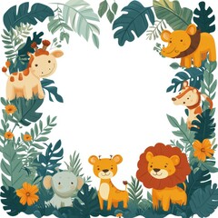 Naklejka premium Cute Animal Illustration with Jungle Plants and Floral Elements