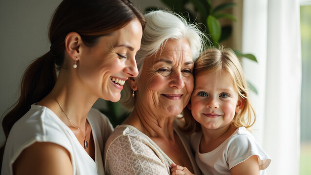 A multi-generational image of a family, with a grandmother, mother, and daughter, showcasing the beauty of motherhood across ages.