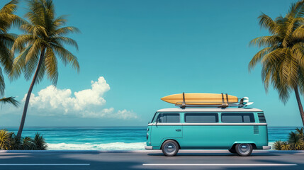 A retro-style van with surfboards on the roof, parked near palm trees by an ocean beach