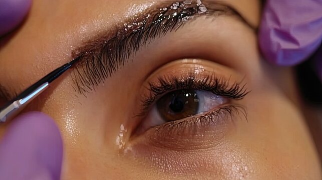 Brow lamination treatment, close-up eye, salon