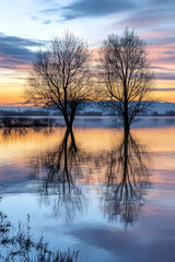 Obraz premium Twilight Serenity Over a Reflective Lake: A Symmetrical Intersection of Sky and Water at Sunset