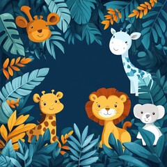 Naklejka premium Colorful Cartoon Animals Surrounded by Tropical Leaves and Plants