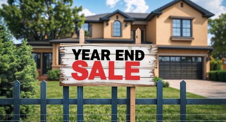 year end sale lettering on sign at fence with house background