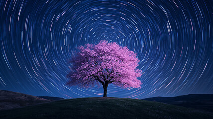 桜の木を囲む星の軌跡 &ndash; 夜空に描かれる時間の流れと春の儚さ