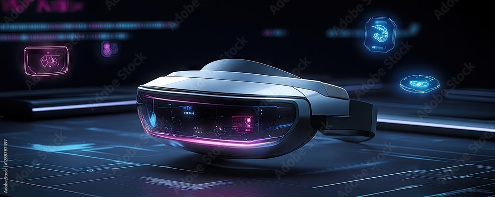 Poster advanced virtual reality headset surrounded by a futuristic digital landscape and interface.