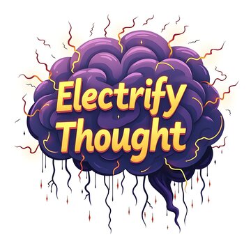  Vibrant purple brain exploding with golden Electrify Thought text electric energy sparks creative idea concept