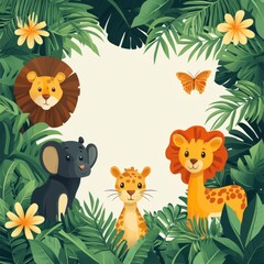 Naklejka premium Cute Animal Characters Surrounded by Lush Tropical Foliage Design