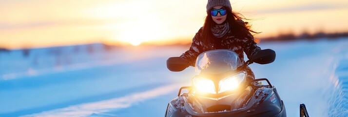 woman riding snowmobile in the snowy winter forest