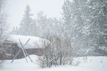 Mountain cabin in snowstorm; Grand Teton NP; Wyoming
