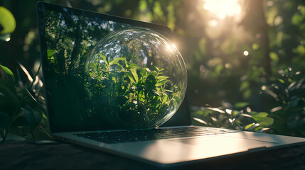 Laptop in forest with greenery and sunlight