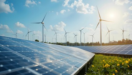 solar panels and wind turbines in field generating renewable energy under sunny sky