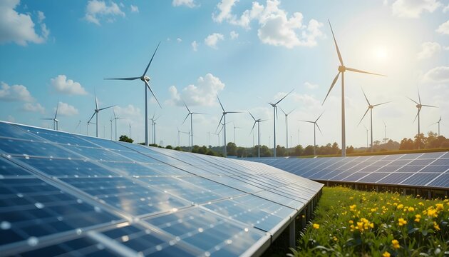 solar panels and wind turbines in field generating renewable energy under sunny sky